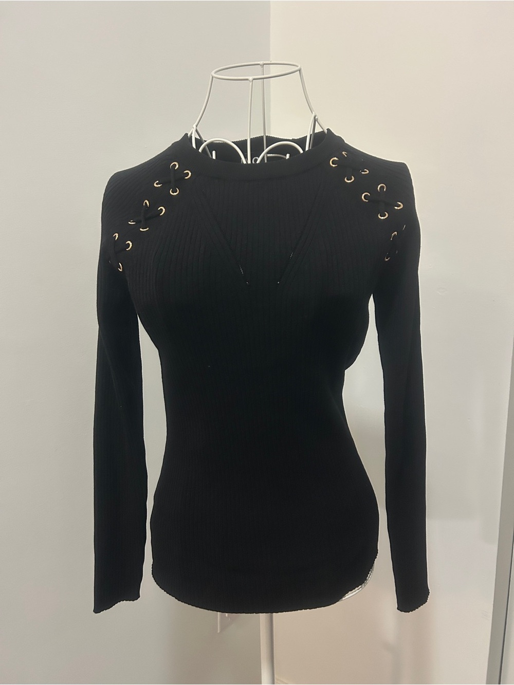 I.N.C. Black Ribbed Knit Lace-Up Shoulder Top Size XS
